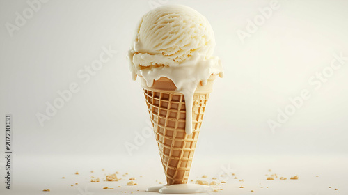 Obraz na płótnie A close-up view of a vanilla ice cream scoop slowly melting over a crispy waffle cone. The ice cream drips down the cone, creating a smooth and creamy texture against the neutral background. w salonie