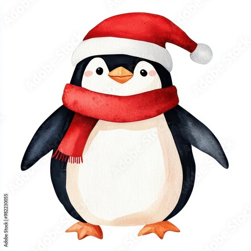 Christmas penguin clipart, wearing a scarf and hat, watercolor illustration, cool tones, isolated on white background