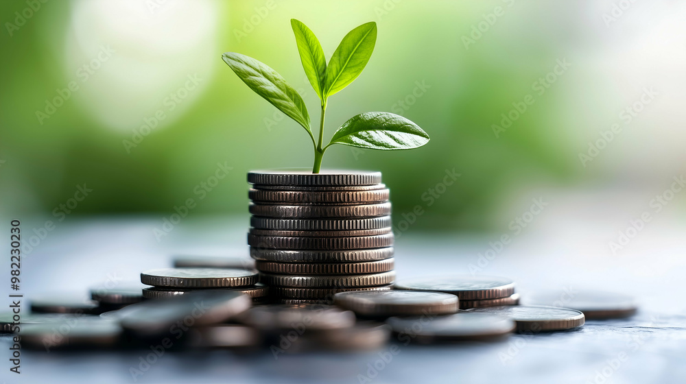 Green plant sprouting from stacked coins symbolizing financial growth - A young green plant growing from a stack of coins, symbolizing financial growth, investment, and sustainability. Green plant sprouting from stacked coins symbolizing financial growth - A young green plant growing from a stack of coins, symbolizing financial growth, investment, and sustainability.