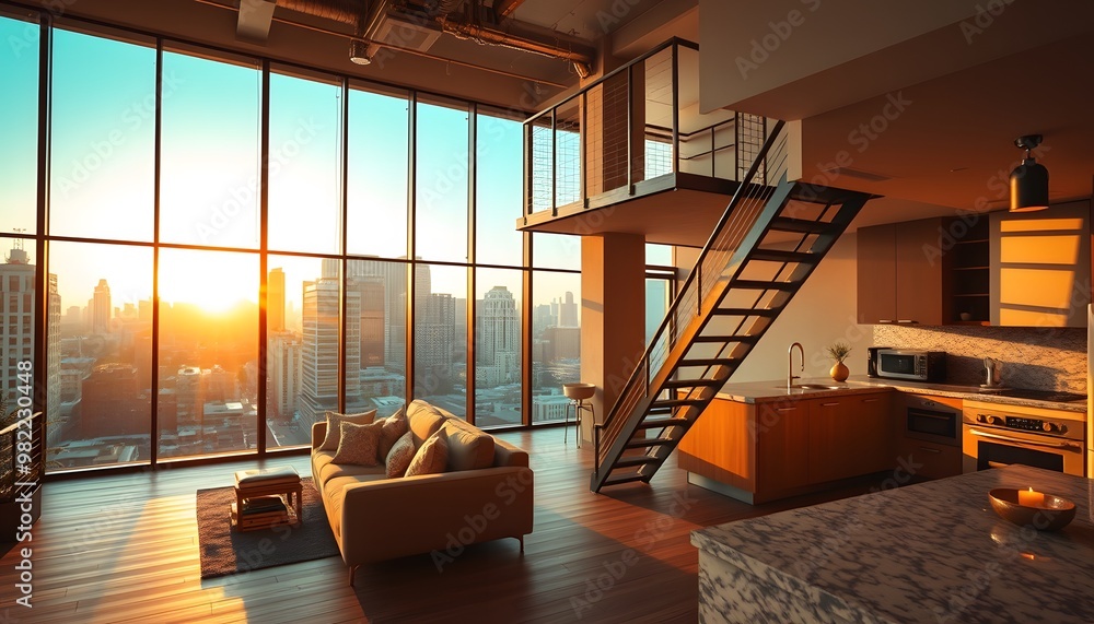 Fototapeta premium Modern Loft Apartment with City View at Sunset