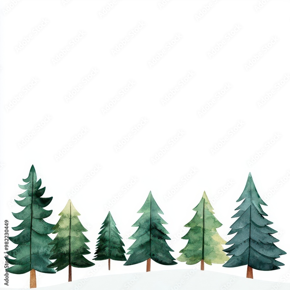 Obraz premium Christmas tree farm clipart, snowy trees in rows, watercolor illustration, serene colors, isolated on white background