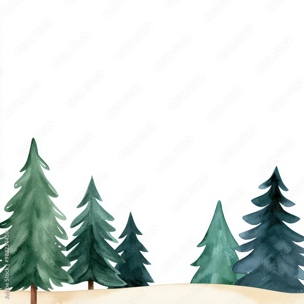 Obraz premium Christmas tree farm clipart, snowy trees in rows, watercolor illustration, serene colors, isolated on white background
