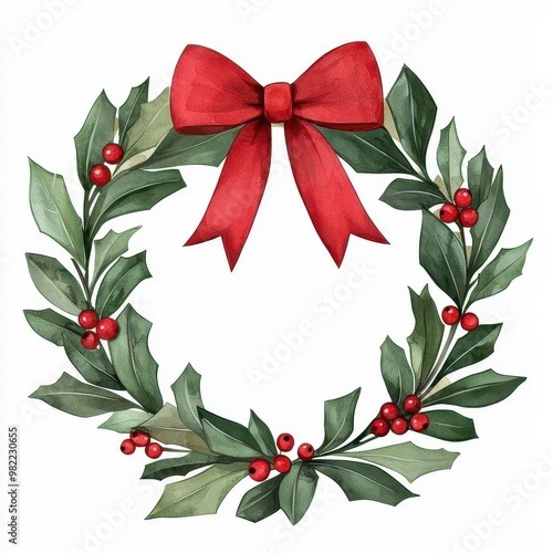 Christmas wreath clipart, with red bow and holly berries, watercolor illustration, festive colors, isolated on white background
