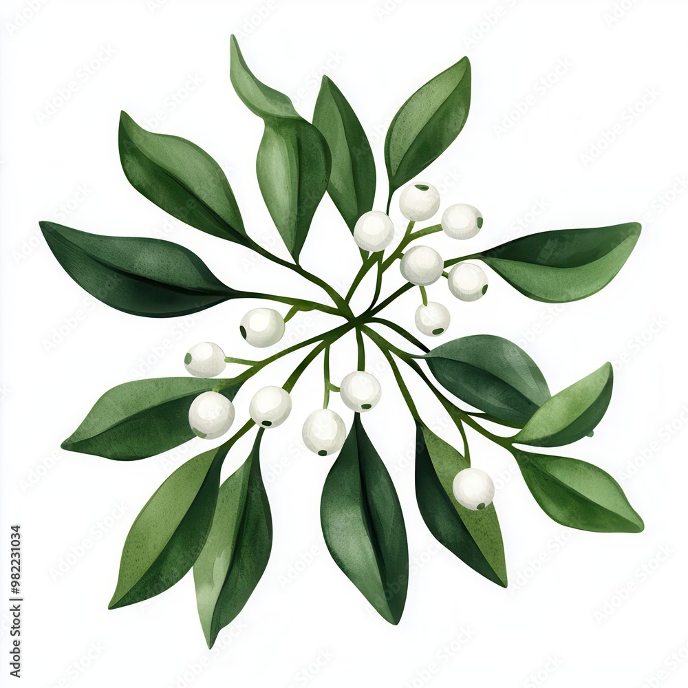 Mistletoe clipart, with green leaves and white berries, watercolor illustration, delicate tones, isolated on white background Mistletoe clipart, with green leaves and white berries, watercolor illustration, delicate tones, isolated on white background