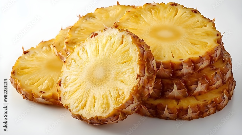 Pineapple slices arranged on a clean white decor Pineapple slices arranged on a clean white decor