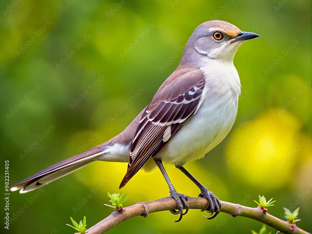 Fototapeta premium A majestic American Mockingbird perches on a branch, its white outer tail feathers visible, wings folded, gaze intensely observing its surroundings
