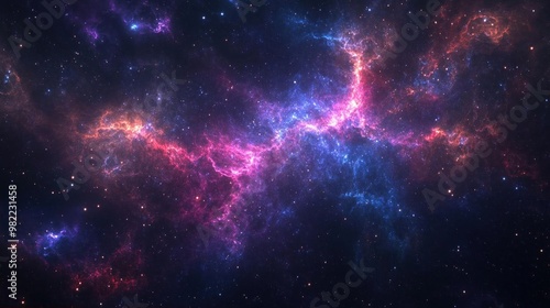 A cosmic nebula with pink and blue gas clouds against a dark starry background.