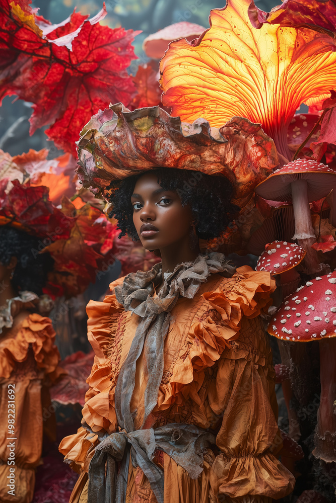 woman standing in a forest with their heads obscured by women stand in large mushroom caps ,dressed in vintage style dresses, creating an ethereal, fairy tale woman standing in a forest with their heads obscured by women stand in large mushroom caps ,dressed in vintage style dresses, creating an ethereal, fairy tale