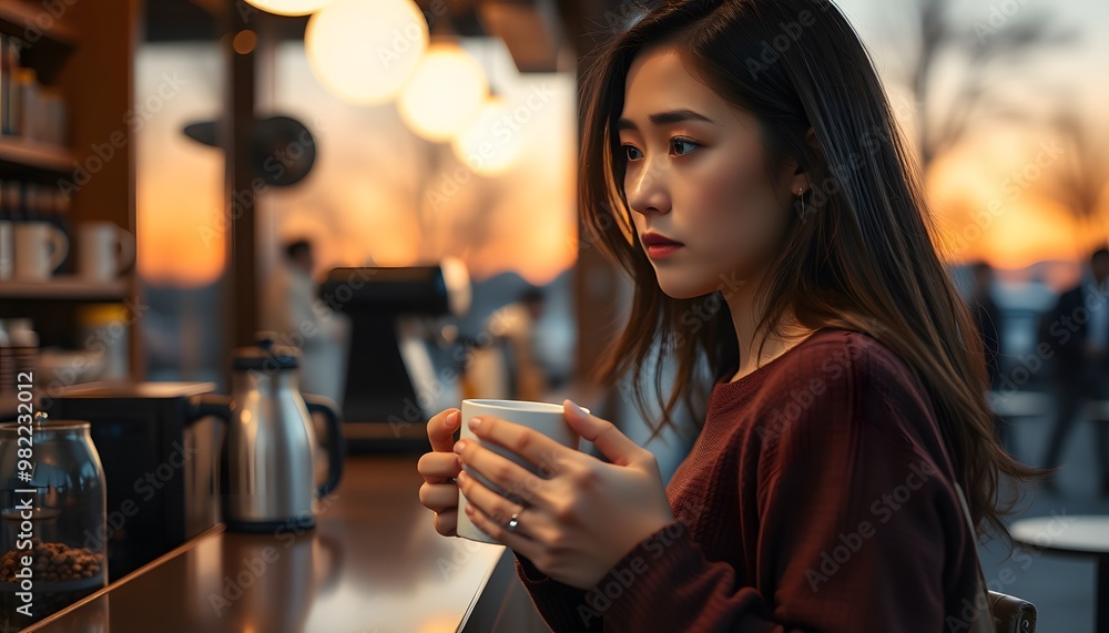 Woman in a burgundy sweater holding a cup of coffee while looking out a window Woman in a burgundy sweater holding a cup of coffee while looking out a window