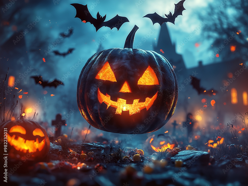 Naklejka premium Halloween setting with carved pumpkins, one large and glowing, another smaller on the ground, bats flying in the background