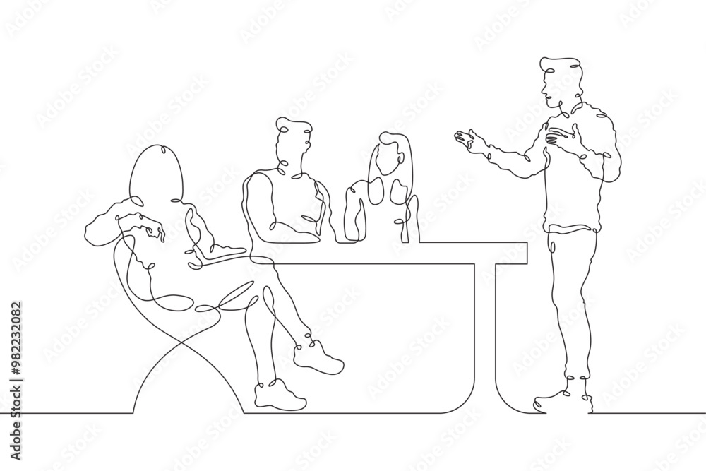 Continuous one line drawing collaboration in the office. Creative employee meeting in the office. Meeting at work. One continuous line isolated minimal illustration. Continuous one line drawing collaboration in the office. Creative employee meeting in the office. Meeting at work. One continuous line isolated minimal illustration.