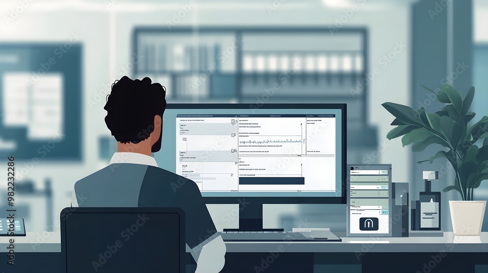 Man Working on Computer in Modern Office Man Working on Computer in Modern Office
