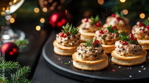 festive canapes featuring truffle spread on crackers, a decadent holiday appetizer idea displayed on a banner for a gourmet christmas photo