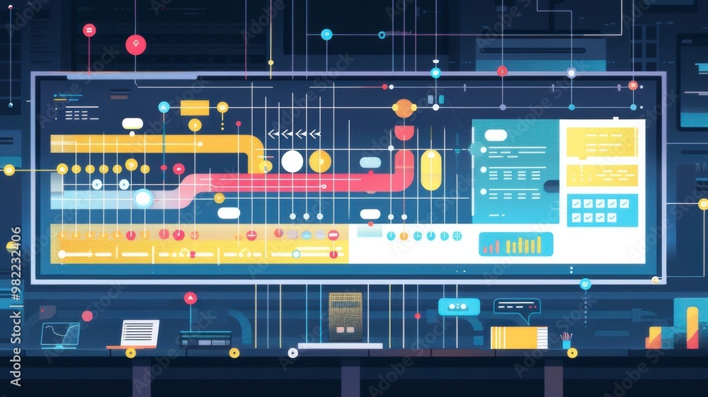 Fototapeta premium A colorful digital interface displaying data visualizations, graphs, and information flow, emphasizing technology and data analysis.