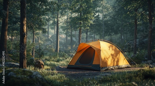 Relaxing in the peaceful outdoors surrounded by tall pine trees and the soothing sounds of nature at a serene camping site : Generative AI