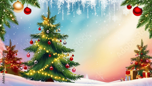 snow background with cheerful christmas tree