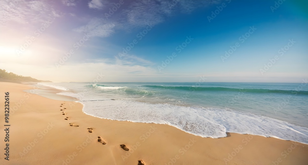 A serene beach scene with gentle waves reaching the shore. Footprints trail across the sand, A serene beach scene with gentle waves reaching the shore. Footprints trail across the sand,