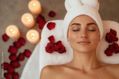 Frontal view, woman getting a luxurious spa treatment, serene expression, surrounded by soft candles and rose petals, oil painting style, warm and calming color palette. Relaxing facial spa treatment. photo