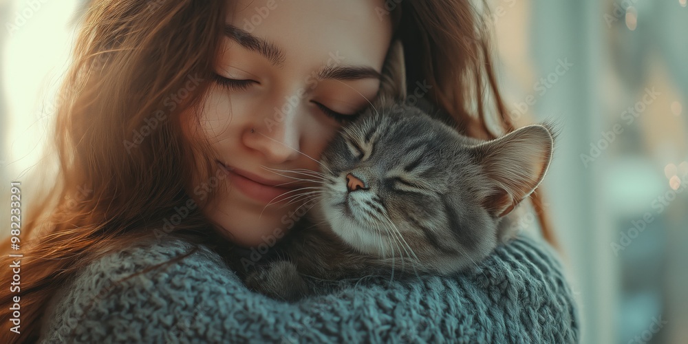A woman is hugging a cat. Scene is happy and peaceful A woman is hugging a cat. Scene is happy and peaceful