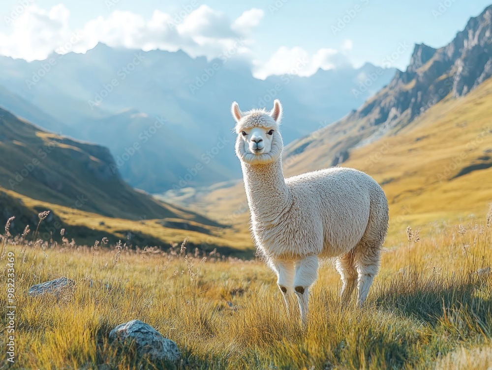 Fototapeta premium Llama in grassy field with mountains