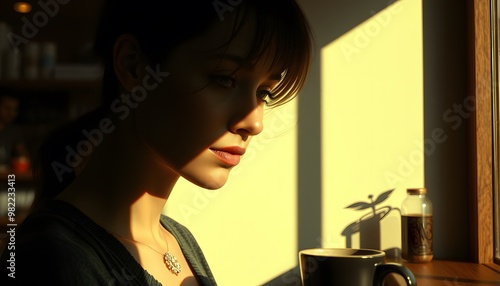 Woman with Long Brown Hair Gazing Thoughtfully Out a Window