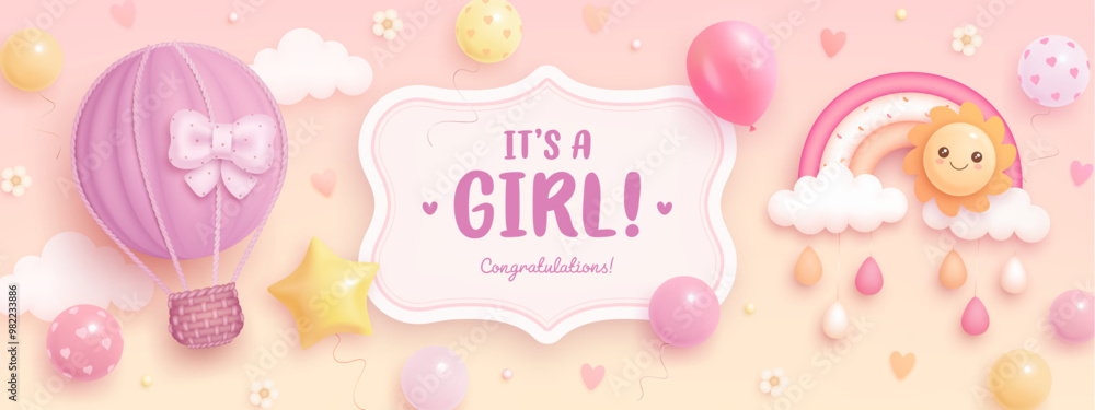 Baby shower banner, invitation, greeting card design template. Baby birth vector wallpaper with 3d toys, rainbow, sun, hot air balloon. It's a girl. Welcome baby girl billboard. Arrival background Baby shower banner, invitation, greeting card design template. Baby birth vector wallpaper with 3d toys, rainbow, sun, hot air balloon. It's a girl. Welcome baby girl billboard. Arrival background