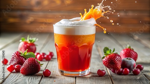 A glass filled with a vibrant orange-red liquid, Ribena Fruit Juice, with a distinctive characteristic shape and a splash of creamy white foam on its surface. photo