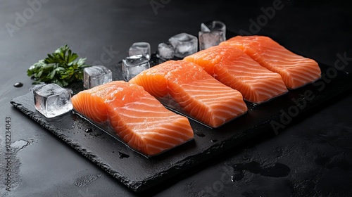 Fresh salmon fillets, chilled and arranged on a black slate cutting board with ice cubes.