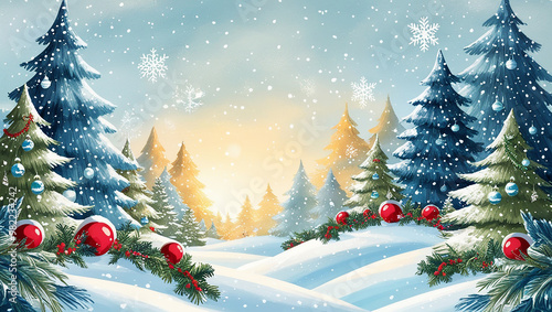 snow background with cheerful christmas tree