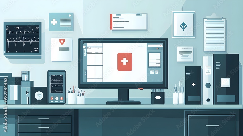 Medical Office Desk Workspace Illustration Medical Office Desk Workspace Illustration