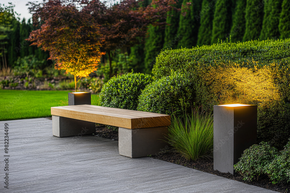 Stylish garden patio featuring a modern wooden bench near glowing light pillars amidst lush greenery in a serene outdoor setting Stylish garden patio featuring a modern wooden bench near glowing light pillars amidst lush greenery in a serene outdoor setting