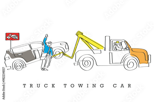 hand drawn line art vector of a towing truck lifting a car blocking the traffic. Road rules concept