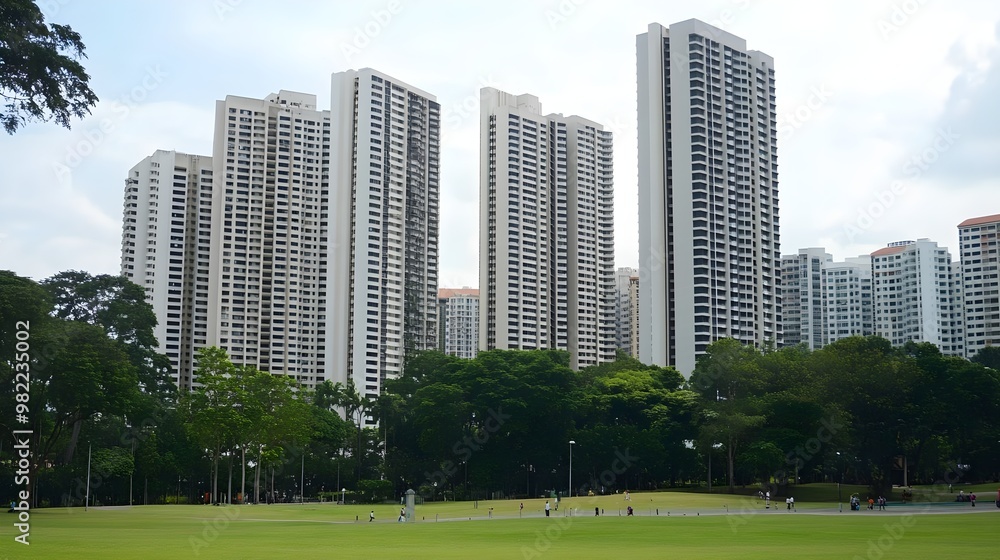 Obraz premium A modern cityscape showcasing tall residential buildings surrounded by lush greenery and open space, ideal for urban lifestyle imagery.
