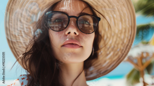 Young woman wears sunglasses on a sunny day