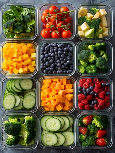 A colorful assortment of fresh fruits and vegetables neatly arranged in containers.