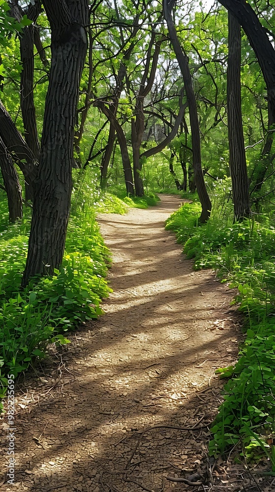 A serene path winding through a lush green forest filled with trees and plants. A serene path winding through a lush green forest filled with trees and plants.