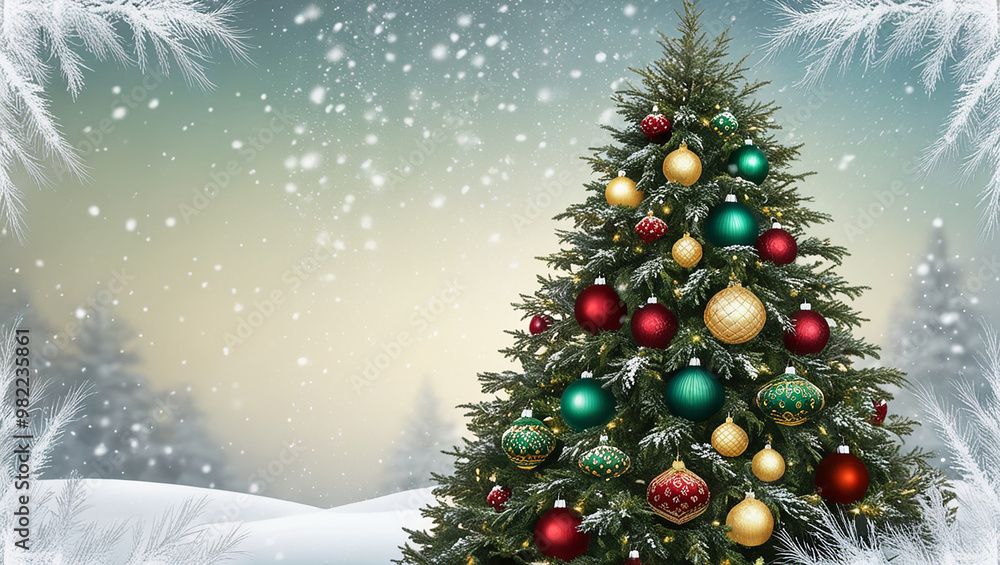 snow background with cheerful christmas tree snow background with cheerful christmas tree