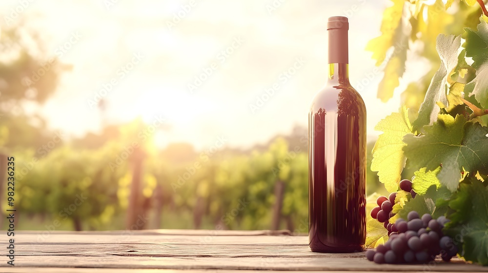 Obraz premium Wine bottle with grapevine branch on the wood table on vineyard background, Generative AI