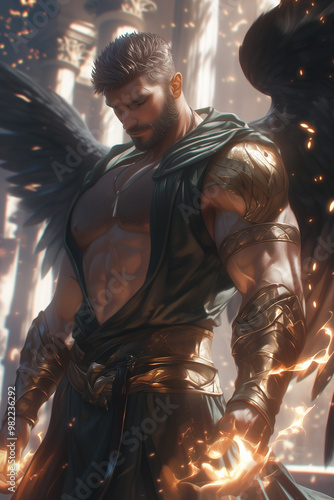 solemn male angel with black wings and golden armor gazing down with glowing hands in a holy temple