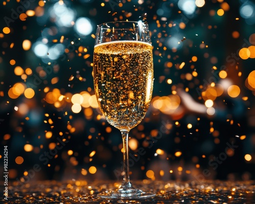 A champagne glass, sparkling with bubbly champagne, framed by glistening gold confetti, setting the tone for a festive celebration. photo