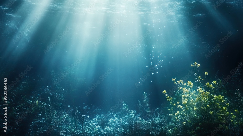 Fototapeta premium Mysterious underwater world with soft rays of light filtering through, creating a calm and magical atmosphere.
