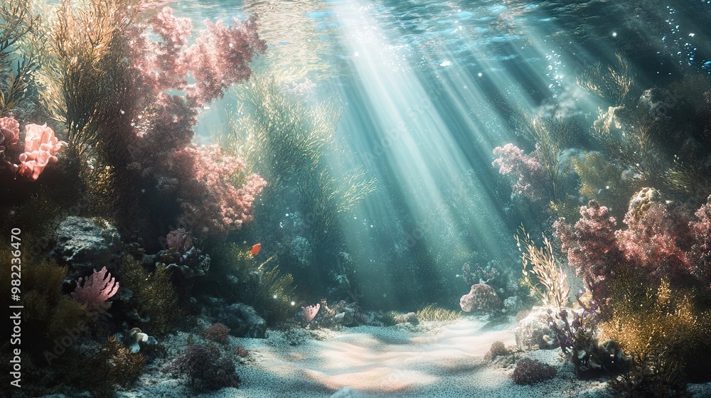 Fototapeta premium Mysterious underwater world with soft rays of light filtering through, creating a calm and magical atmosphere.
