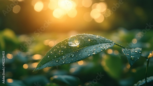 A Single Raindrop on a Green Leaf with Bokeh Background