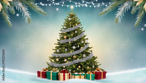 snow background with cheerful christmas tree