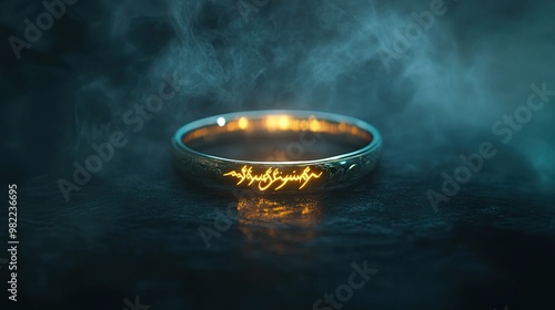 The iconic Lord of the Rings ring with an Elvish inscription glowing softly against a dark, misty background