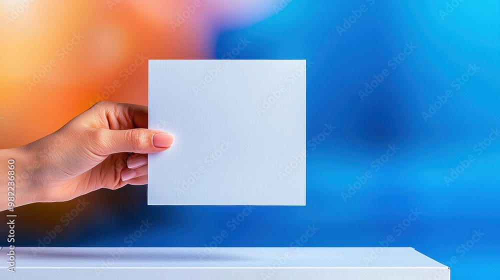 Web banner with a voter's hand putting a ballot into a box, colorful bright background Web banner with a voter's hand putting a ballot into a box, colorful bright background