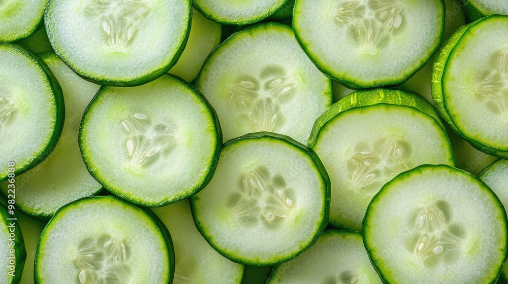 Top-down view of freshly cut cucumber slices, showcasing their vibrant color and juicy texture. Top-down view of freshly cut cucumber slices, showcasing their vibrant color and juicy texture.