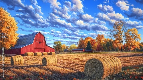 A picturesque autumn scene featuring a red barn set against a vibrant landscape with hay bales and a blue sky full of clouds. photo