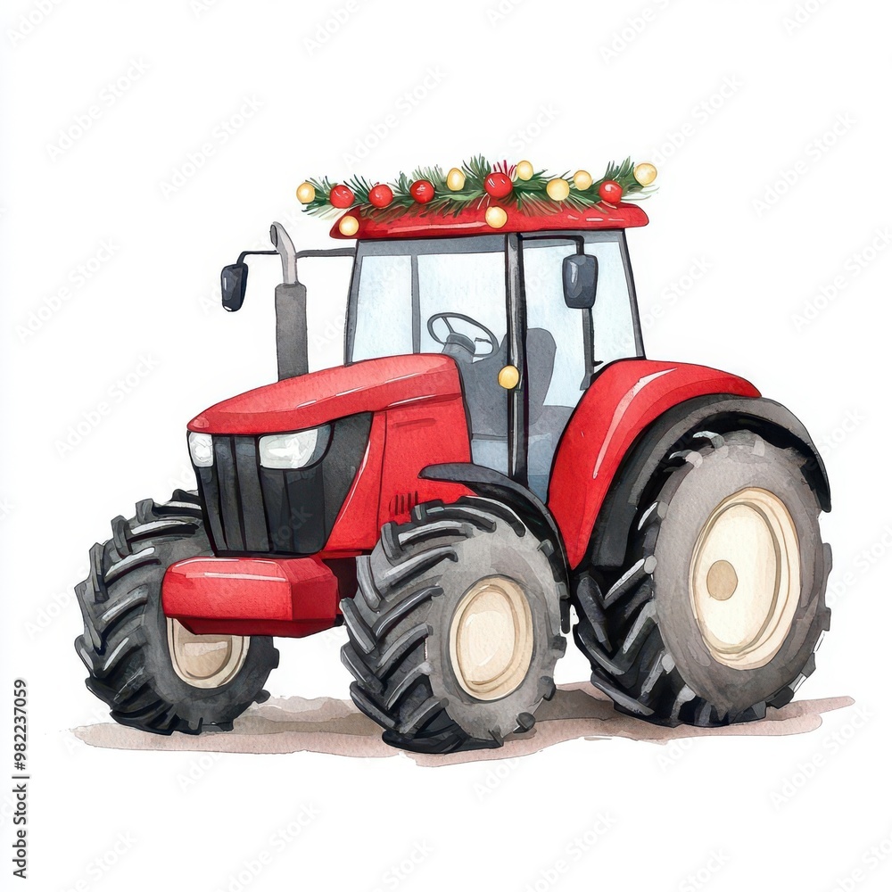 Obraz premium A festive tractor decorated with Christmas lights, watercolor illustration, isolated on white background