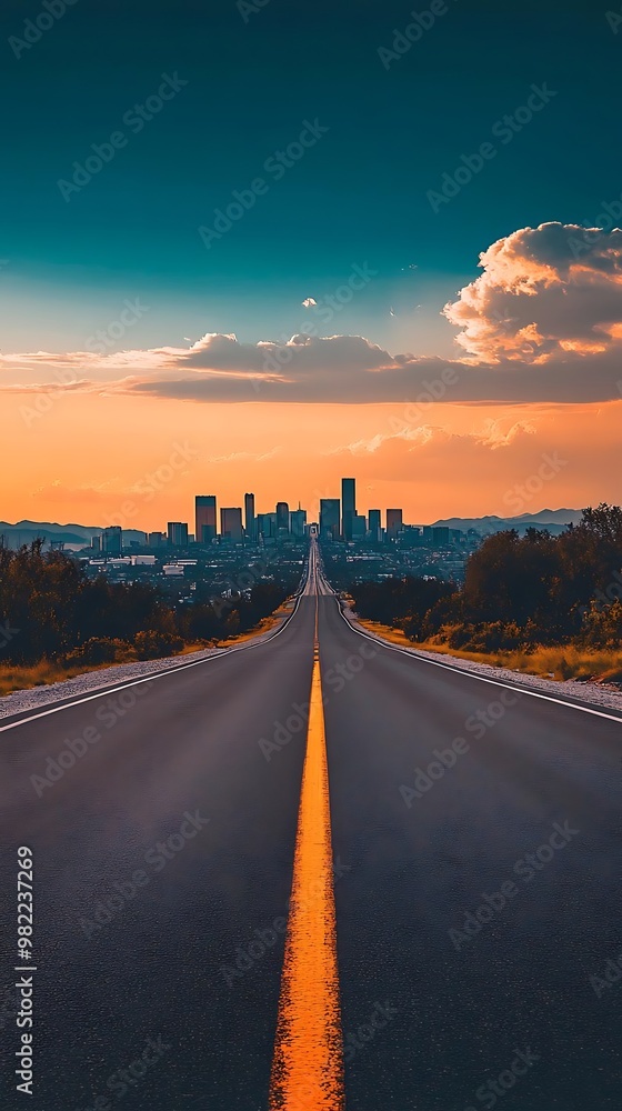 A long road leads to a city skyline at sunset, showcasing a scenic urban landscape. A long road leads to a city skyline at sunset, showcasing a scenic urban landscape.